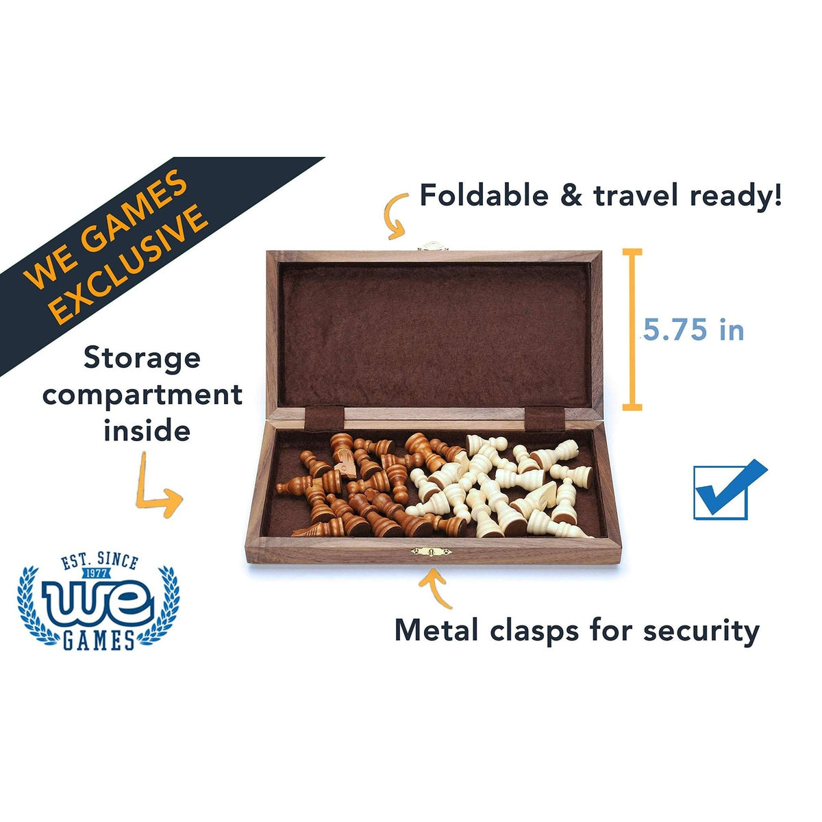 We Games Folding Wood Travel Chess Set - 11.5 in. Board, 2.6 in. King