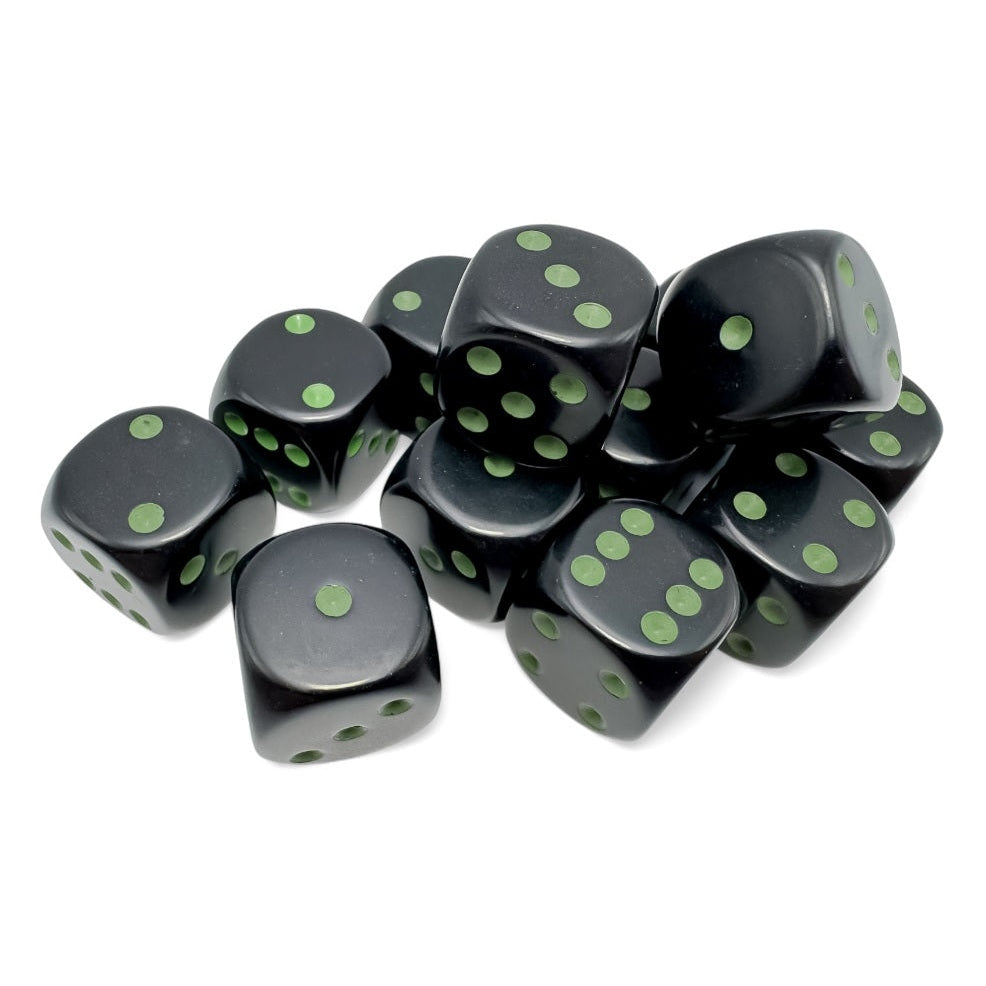 Opaque: 16mm d6 Black/green Dice Block 12 dice