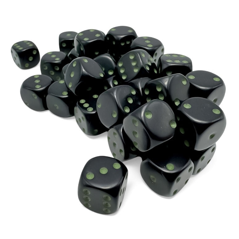 Opaque: 12mm d6 Black/green Dice Block 36 dice