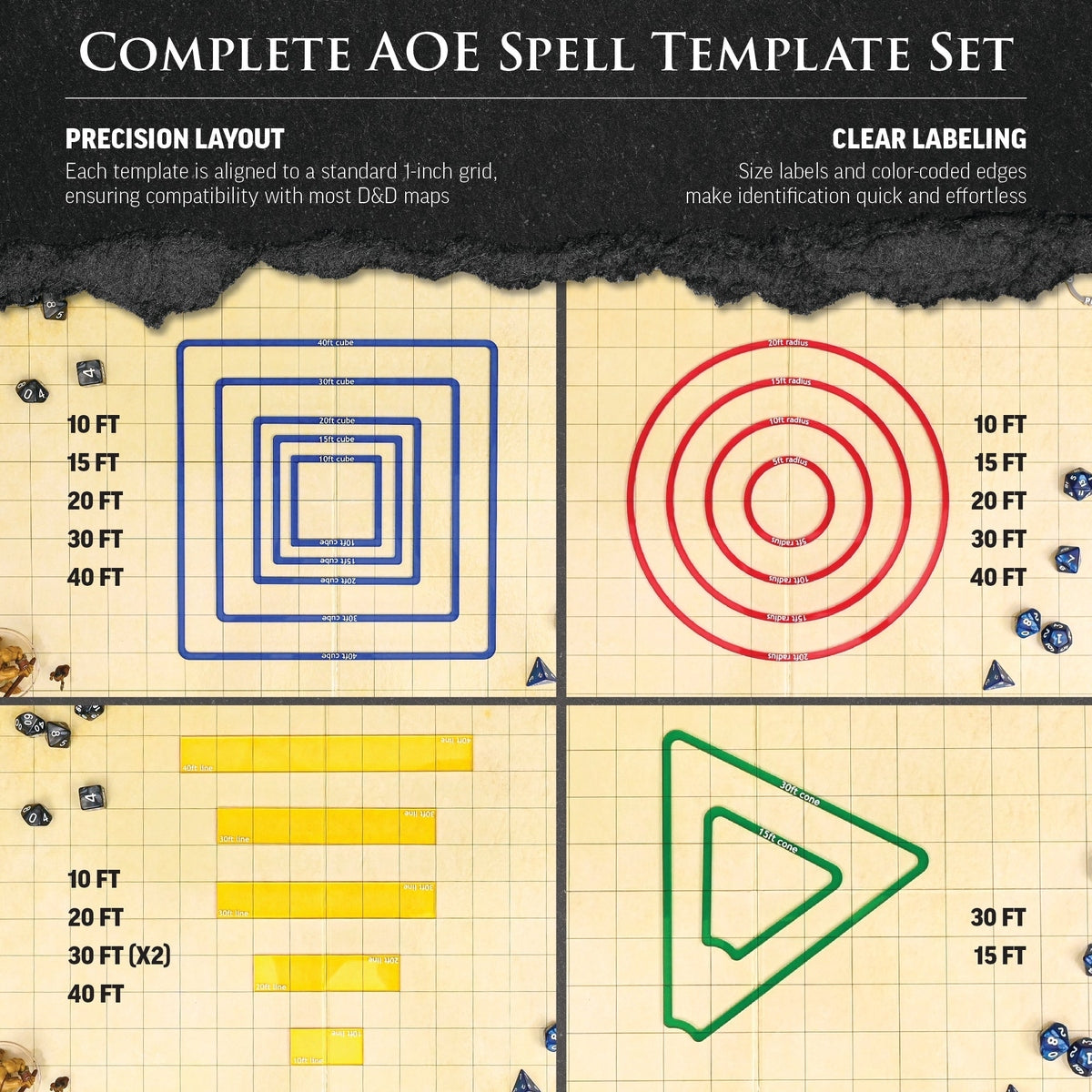 DND Area of Effect Spell Templates - Set of 16 AOE Markers for RPG